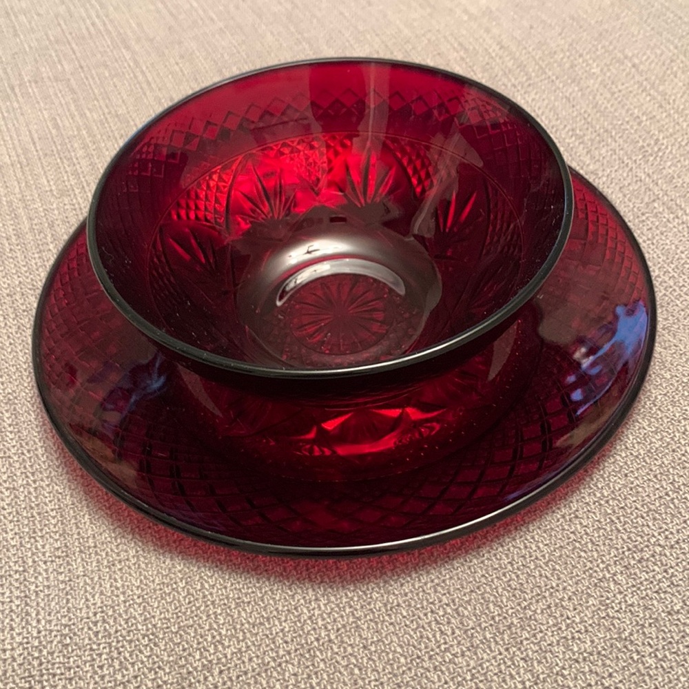 Ruby Red Etched Plate & Bowl for Christmas & Holidays
